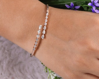 Diamond Bangle Bracelet 1.32Ct| 18k/14k Gold Wedding Bracelet| Gold Bypass Bracelet| Dainty Gold Bracelet| Pear Cut Diamond Jewelry Gift