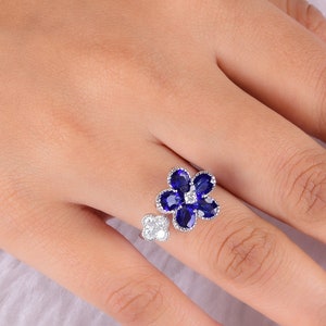 2.19Tcw Blue Saphhire & Diamond Ring, 14k Yellow/Rose/White/Gold, Sapphire Flower Ring, Diamond Clover Ring, Statement Ring, Bridesmaid Gift