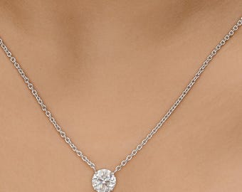 Collier solitaire de 1,22 ct avec diamants véritables, pendentif diamant rond avec chaîne, collier de tous les jours en or blanc 18 carats et diamants, collier diamant délicat