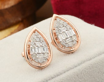 Natuurlijke briljant geslepen diamant Stud Oorbellen, 10k Rose Gold Stud, sierlijke minimalistische hengsten, handgemaakte vrouwen sieraden, verjaardagscadeau voor haar