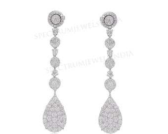 Dangle Drop Diamond Earrings, 18k Real Gold Earrings, Natural Diamond Cluster Earrings, Drop Earrings for Mothers Day Gift, Diamond Jewelry