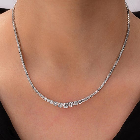 4.52 Carat Lab Diamond Necklace 14K White Gold Tennis Chain Graduated Round Bridal Anniversary