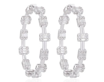 18k White Gold Diamond Hoop Earrings, Handmade