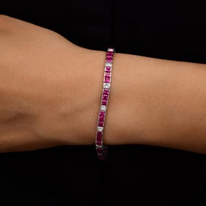 Princess Cut Ruby and Diamond Bracelet 9.65 Ctw| 18k/14k White Gold Tennis Bracelet| Ruby Wedding Jewelry| Square Shape Ruby Bangle Gift