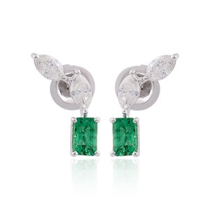 Stunning Natural Diamond Emerald Earrings, 14k White Gold Stud Earrings For Her, Brilliant Cut Emerald Earrings Jewelry For Engagement