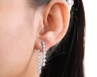 18k White Gold Diamond Ear Jacket Earrings, Round Cut Dangle, 3 Prong Setting