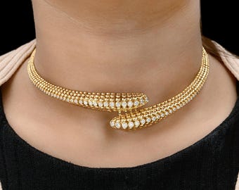 Diamond Collar Necklace 2.50 Ct| Front Open Cuff Necklace| 18k Yellow Gold Choker Necklace| Pave Diamond Jewelry| Round Diamond Gift for Her