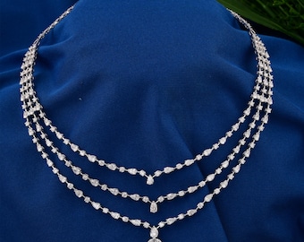 13.04 Ct Three Layer Natural Diamond Necklace, 18k Solid Gold Diamond Lariat Necklace, Diamond Statement Necklace, Wedding Bridal Necklace