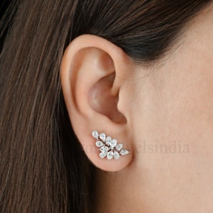 18K Gold Diamond Earrings, Pear & Oval Cut Diamond Climber Earrings, Diamond Ear Climber, Wedding Diamond Cluster Earrings, Diamond Studs