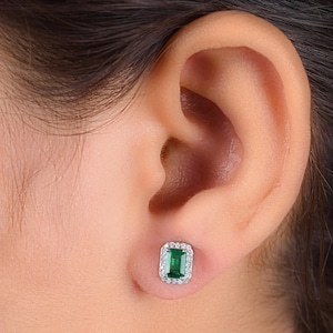 1.26Ctw Zambian Emerald & Diamond Stud Earrings, 18K White Gold Emerald Halo Earrings, Octagon Cut Gemstone Stud Earrings, Gift for Her