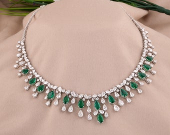 Natural Emerald Diamond Necklace, 14K Gold Statement Necklace, Cluster Bridal Necklace, Gemstone Jewelry, Wedding Necklace, Women's  Gift