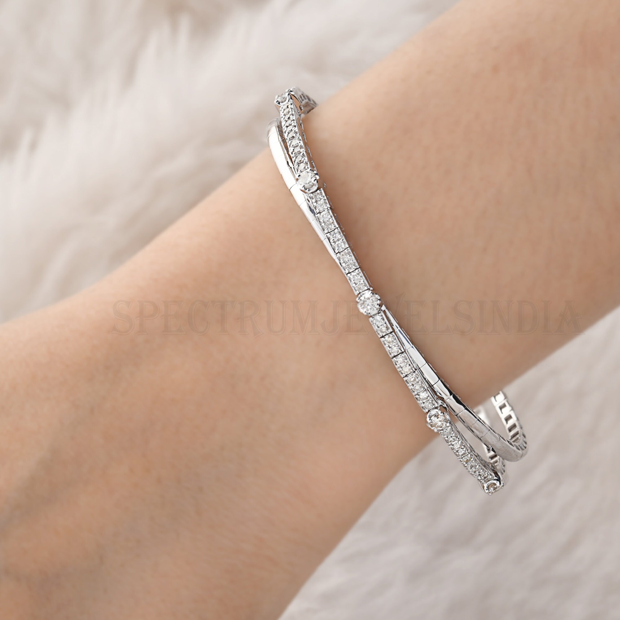 Criss Cross Diamond Bangle | 0.85 Ct Round Cut, 18k/14k Gold Cuff 
