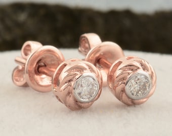 Round Diamond Stud Earrings 0.18ct  | 18K Rose Gold Floral Minimalist Jewelry