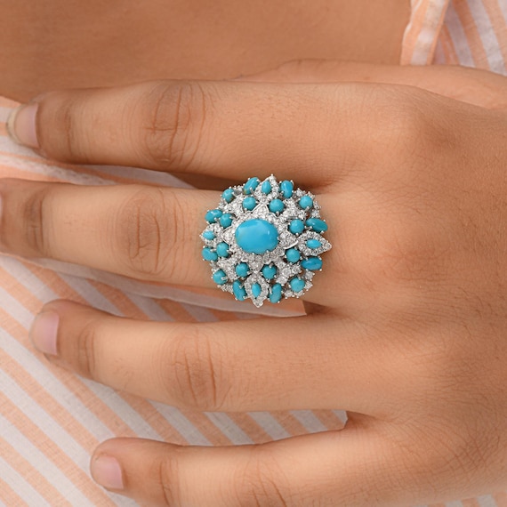 Natural Diamond and Arizona Turquoise Cabochon Ring, 18K White