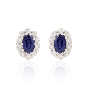 Blue Sapphire Halo Earrings| Diamond & Sapphire Stud Earrings 1.86 Tcw| 18k Solid Gold Sapphire Earrings| Oval Sapphire Jewelry Gift for Her