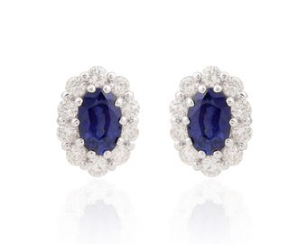 Blue Sapphire Halo Earrings| Diamond & Sapphire Stud Earrings 1.86 Tcw| 18k Solid Gold Sapphire Earrings| Oval Sapphire Jewelry Gift for Her