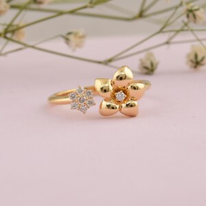 14k Solid Yellow Gold Flower Diamond Ring, Open Cuff Floral Ring, Natural Round Cut Diamond Jewelry, Minimal Dainty Ring, Wedding Ring Gift
