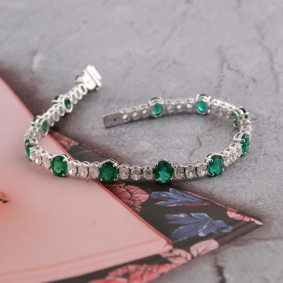 11.75 Tcw Zambian Emerald & Diamond Riviera Bracelet, 18k White