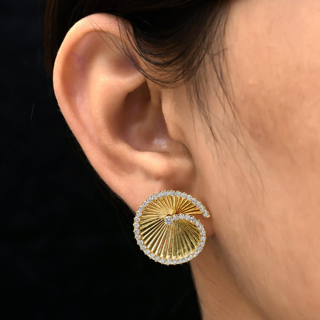 Earring Models Rounded 18k Yellow Gold Diamond Earrings, Round Statement Earrings - Etsy