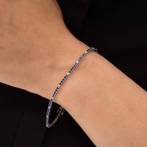10k White Gold Blue Synthetic Gemstone Bracelet, Natural Round Cut Diamonds, Wedding Wear Bracelet, Diamond Jewelry Gift, Certified Jewelry