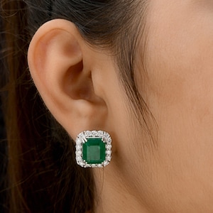 15.18 TCW Zambian Emerald & Diamond Earrings in 18K Gold, Emerald Diamond Halo Earrings, White Gold Stud Earrings, May Birthstone Gift