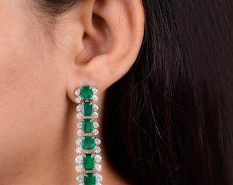 Elegance Natural Emerald & Diamond Long Earrings, 18K Gold Gemstone Jewelry, Dangle Drop Earrings, Designer Wedding Earring, Bridesmaid Gift