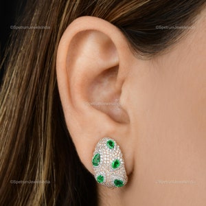 18k Rose Gold Zambian Emerald Earrings For Women, Natural Diamond Hoop Earrings For Birthday Gift, Women Earrings Jewelry For Wife
