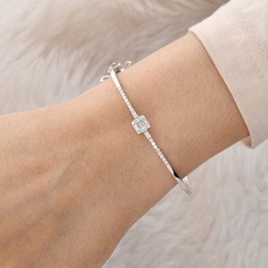 Diamond Bangle Bracelet 0.36 Ct| 18k/14k White Gold Wedding Bracelet| Pave Set Diamond Handmade Jewelry| Baguette Cut Diamond Gift for Wife