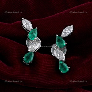 Emerald Diamond Earrings 3.06Ctw| 14K Gold Statement Earrings| Solid Gold Earrings| Real Gold Diamond Jewelry| Pear Cut Emerald Gift for Her