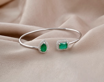 Emerald Open Cuff Bracelet, 18k Solid White Gold Diamond Bangle Bracelet, Natural Diamond & Zambian Emerald Bangle, Halo Minimalist Bracelet