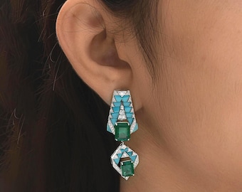 Turquoise & Emerald Earrings 12.87 Tcw| Diamond Earrings 0.91 Ct| 18k White Gold Statement Earrings| Long Wedding Earrings| Anniversary Gift