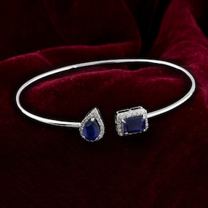 Blue Sapphire Cuff Bracelet 2.13 Tcw| 18k White Gold Bangle Bracelet| Adjustable Bracelet| Pear & Octagon Cut Sapphire Birthstone Bracelet