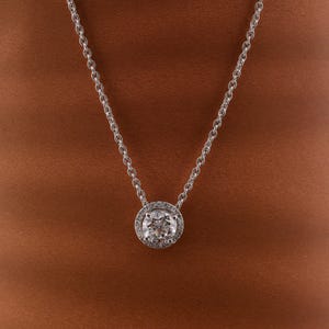 Solitaire Diamond Necklace With Halo, 1.01Ctw Lab Grown Diamond Halo Pendant with Chain, 14k White Gold Pave Diamond Everyday Necklace