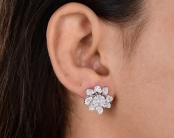 1.56Ct Diamond Flower Earrings, 18k/14k Gold Diamond Stud Earrings, Cluster Diamond Handmade Earrings, Gold Statement Earrings, Gift for Her