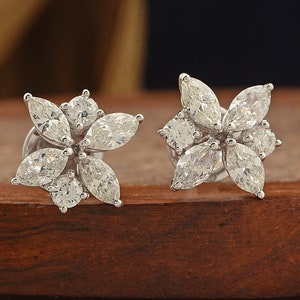 Flower Design Diamond Stud Earrings| 18k White Gold 1.5ct Diamond Stunning Bridal Stud Earrings| Gift For Love