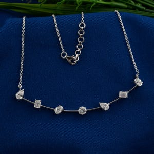 Lab Grown Diamond Necklace 2.39 Ct| 14k White Gold Curve Bar Necklace| Diamond Station| Minimalist Diamond Jewelry| Multi Shape Diamond Gift