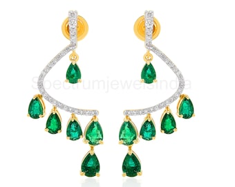 18k Gold Zambian Emerald Diamond Teardrop Earrings