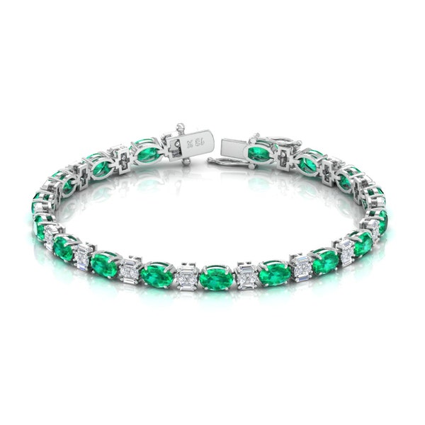 Oval Zambian Emerald Diamond Bracelet, 18K Gold Statement Bracelet, Classic Bracelet, Tennis Bracelet, May Birthstone Jewelry, Gift For Her