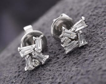 Natural Diamond Stud Earrings| 10k White Gold Earrings| Baguette Cut Diamond Earrings| Minimalist Stud Earrings for Women| Anniversary Gifts