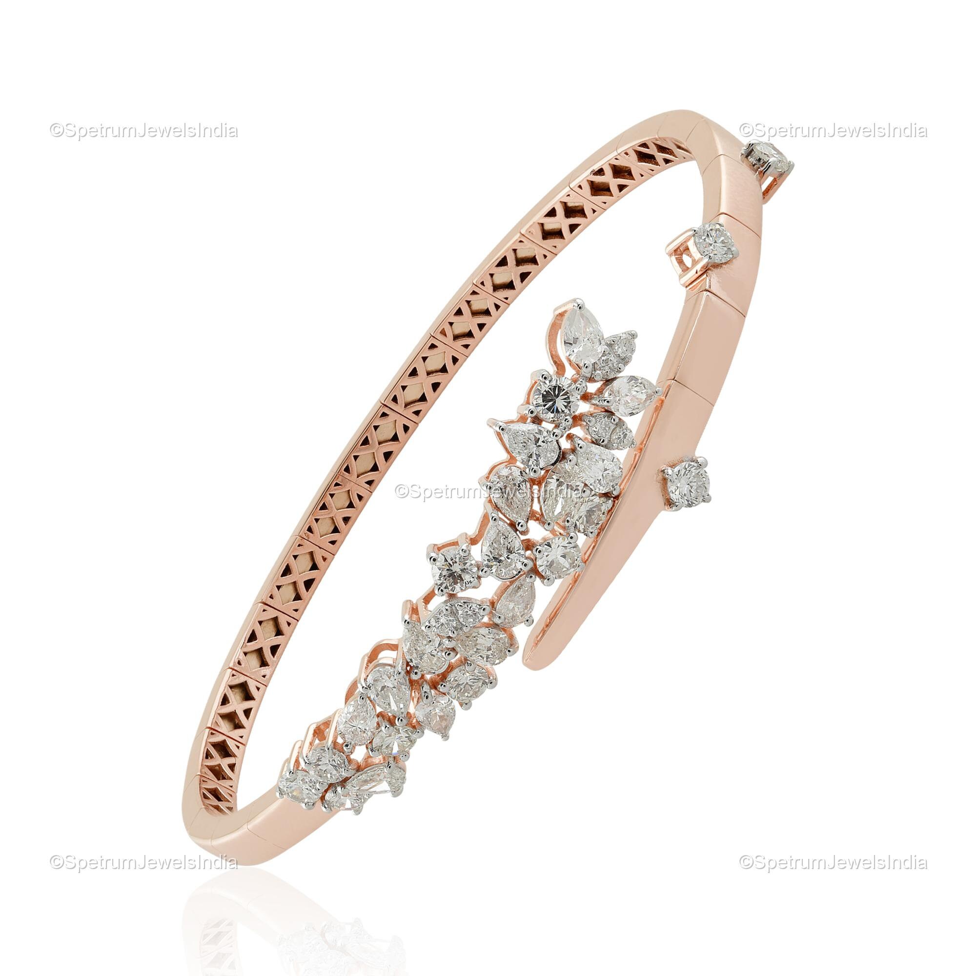 18KT Rose Gold Pave Diamond End Cap Corrugated Cuff Bangle Bracelet – LSJ