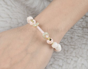 Natural Pink Opal Beads Bracelet / 18k Yellow Gold Bracelet / Pave Diamond Bracelet / Anniversary Gift For Her / Handmade Gold Women Jewelry