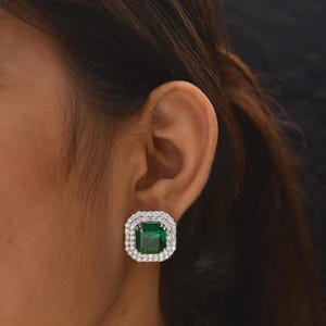 12.73 Ct Octagon Cut Natural Zambian Emerald Halo Stud Earrings, Gold Diamond Wedding Earrings, 18k White Gold Studs, Wedding Earrings Gift