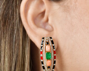 Coral, Onyx & Emerald Earrings / Natural Gemstone Diamond Earrings / 18k Gold Diamond Enamel Earrings / Diamond Wedding Earrings For Women