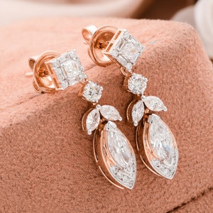 Natural Diamond Earrings| 18k Rose Gold Drop Earrings| Diamond Dangle Drop Earrings| Gold Dainty Earrings| Wedding Bridal Earrings