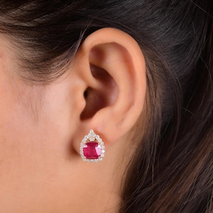 Synthetic Ruby Earrings 6.55Ct| Diamond Stud Earrings 0.88Ct| 14k Yellow Gold Halo Stud Earrings| Wedding Bride Earrings| Round Diamond Gift