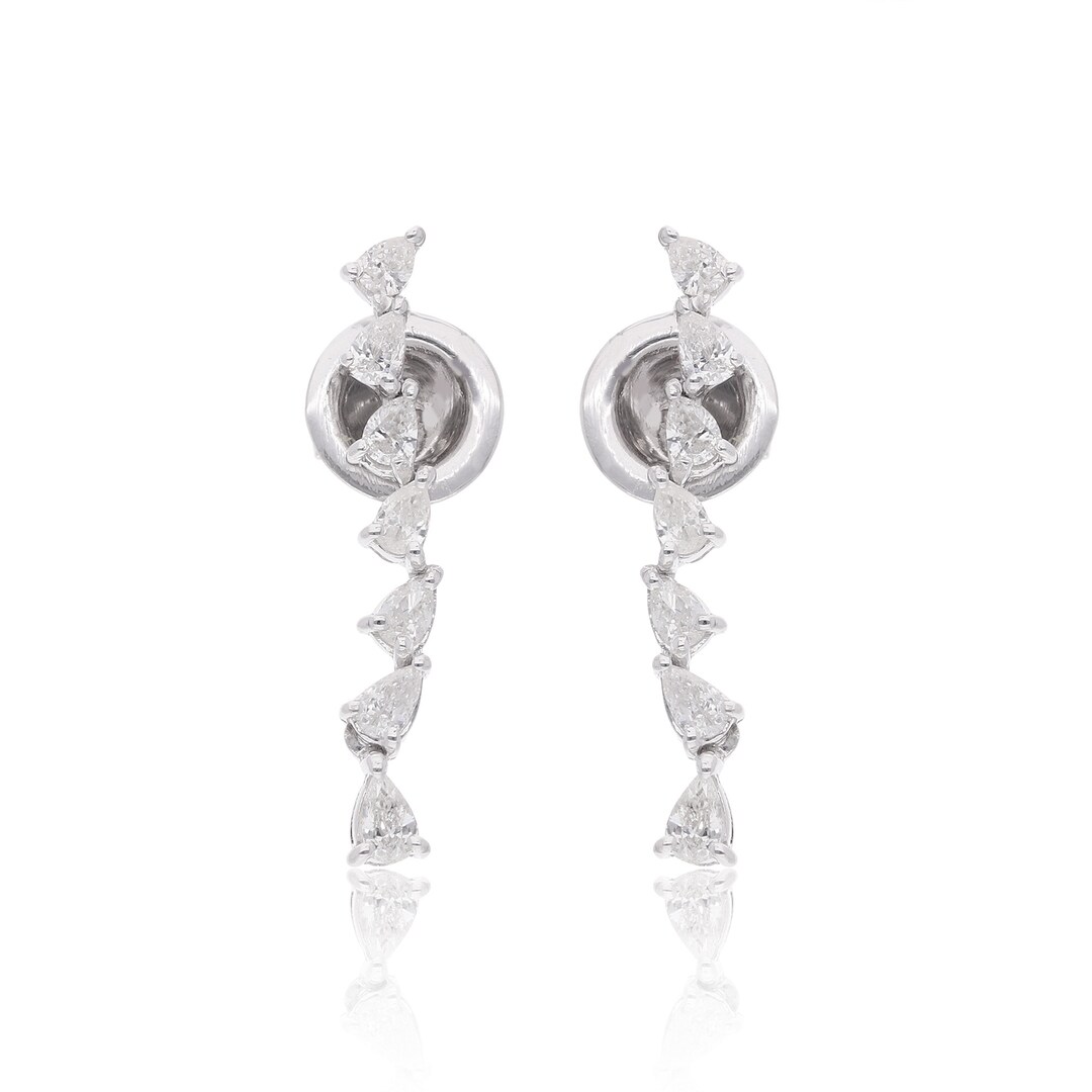 Pear Diamond Dangle Earrings, 18k Solid White Gold Earrings for Women