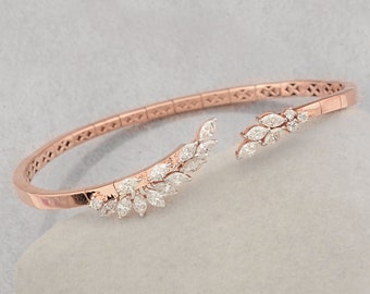 18k Rose Gold Diamond Bracelet / Leaf Design Cuff Bracelet / Marquise Diamond Wedding Cuff Bangle / Dainty Diamond Bangle Bracelet For Women