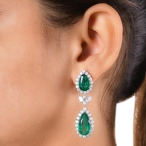 Emerald & Diamond Drop Earrings 20.69Tcw| 18k Gold Halo Emerald Statement Earrings| Wedding Bridal Jewelry| Pear Emerald May Birthstone Gift