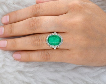 18k White Gold Wedding Ring Jewelry, Zambian Emerald Diamond Ring, Natural Brilliant Cut Zambian Emerald Cocktail Ring For Anniversary Gift