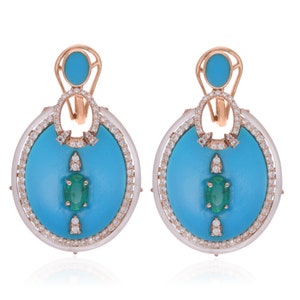 Rose Gold 18k Diamonds Earrings With Turquoise Gemstone Handmade Gold Earrings Arizona Turquoise Gemstone Jewelry Gold Designer Earrings